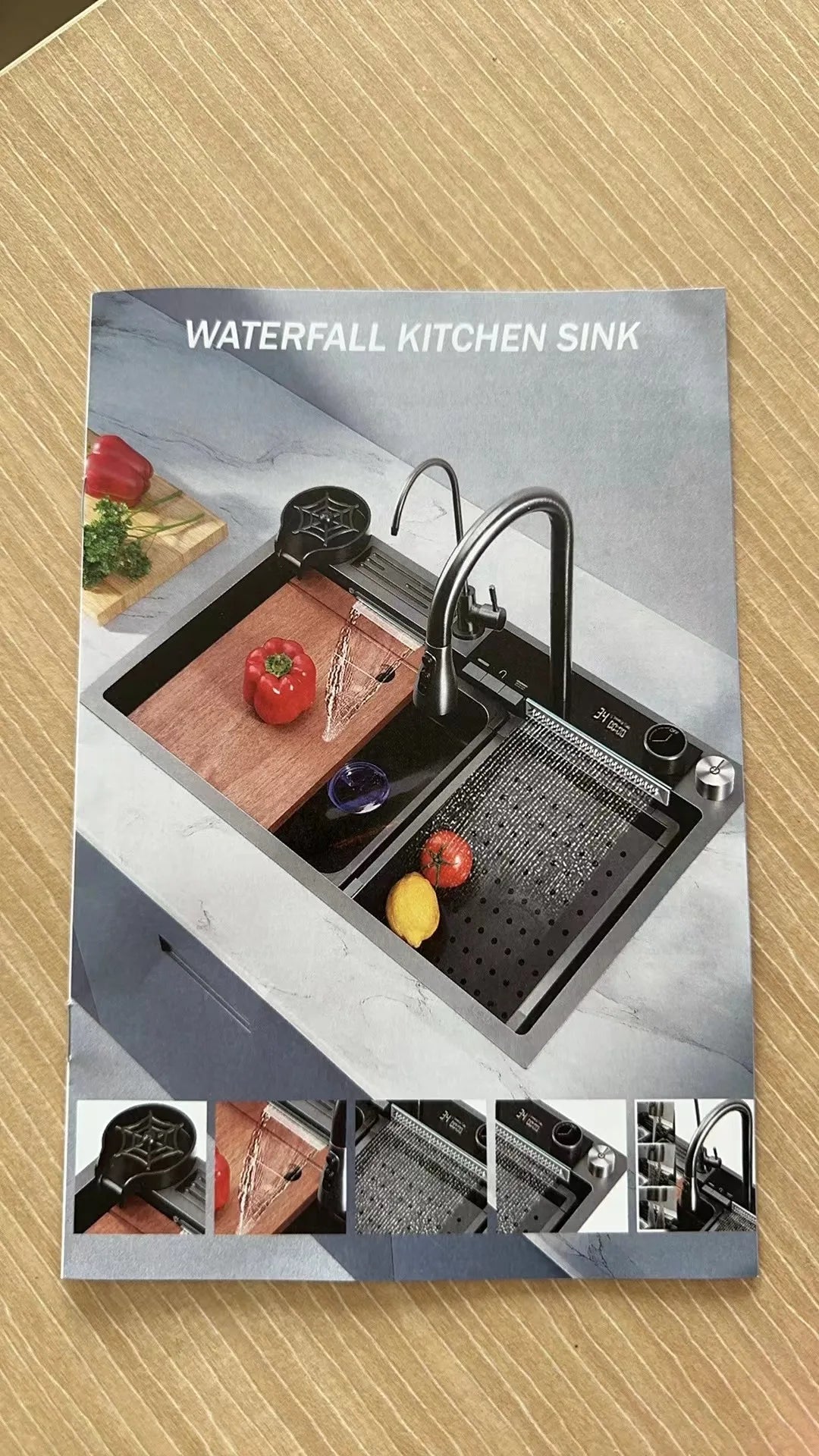 Waterfall Kitchen Sink Digital Display Single Bowl Kitchen Sinks Multifunctional Mordern Smart Sinks with Two Waterfall