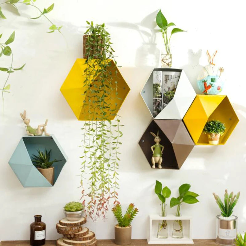 Home Decor Hanging Wall Shelf Flower Pot Shelves Wall Decor Storage Holder Hexagon Storage Box Room Decor Creative Combination