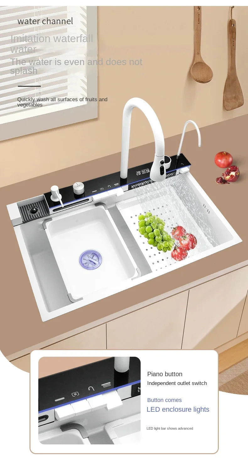 White Nano Multifunctional Kitchen Sink 304 Stainless Steel Large Single Sink Integrated Kitchen Digital Waterfall Faucet