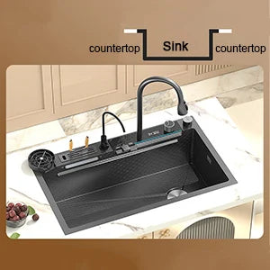 Waterfall Kitchen Sink Digital Display Single Bowl Kitchen Sinks Multifunctional Mordern Smart Sinks with Two Waterfall