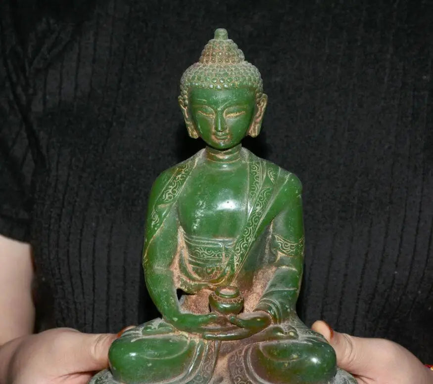 8.8" Old Natural Green Jade Carved Tibet Shakyamuni Amitabha Buddha Lotus Statue