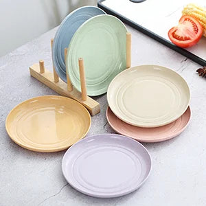 6 Reusable 6.9 Inch Straw Plastic Lightweight Salad Plates for Camping kitchen Dishes Dishwasher, Microwave Safe