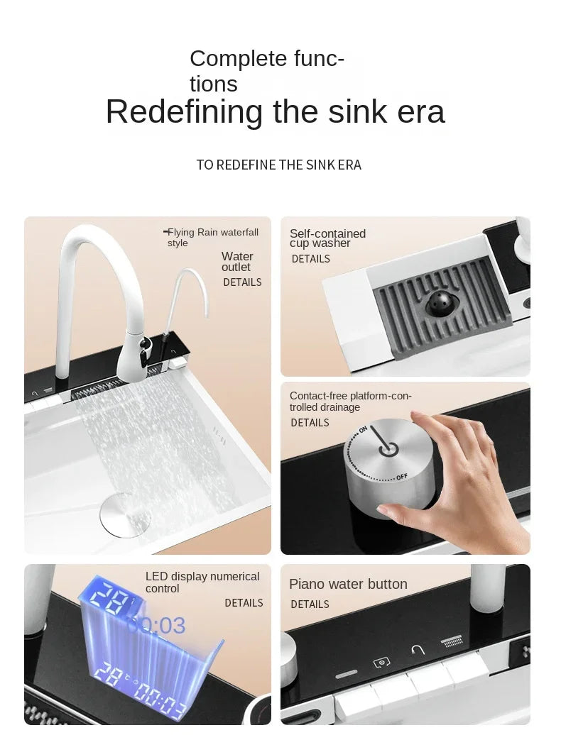 White Nano Multifunctional Kitchen Sink 304 Stainless Steel Large Single Sink Integrated Kitchen Digital Waterfall Faucet