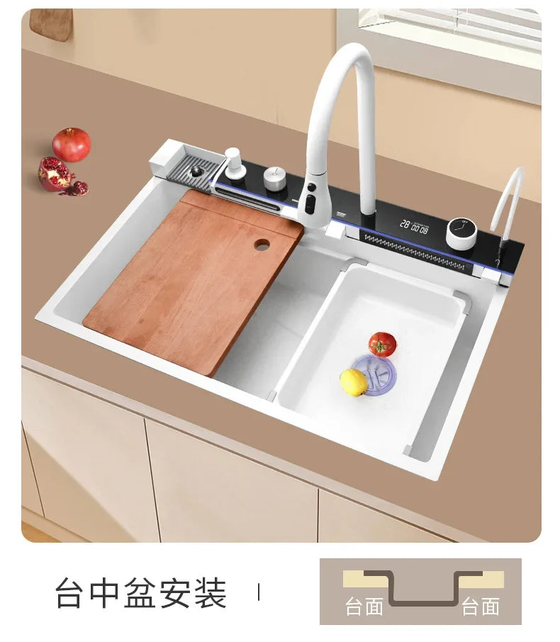 White Nano Multifunctional Kitchen Sink 304 Stainless Steel Large Single Sink Integrated Kitchen Digital Waterfall Faucet