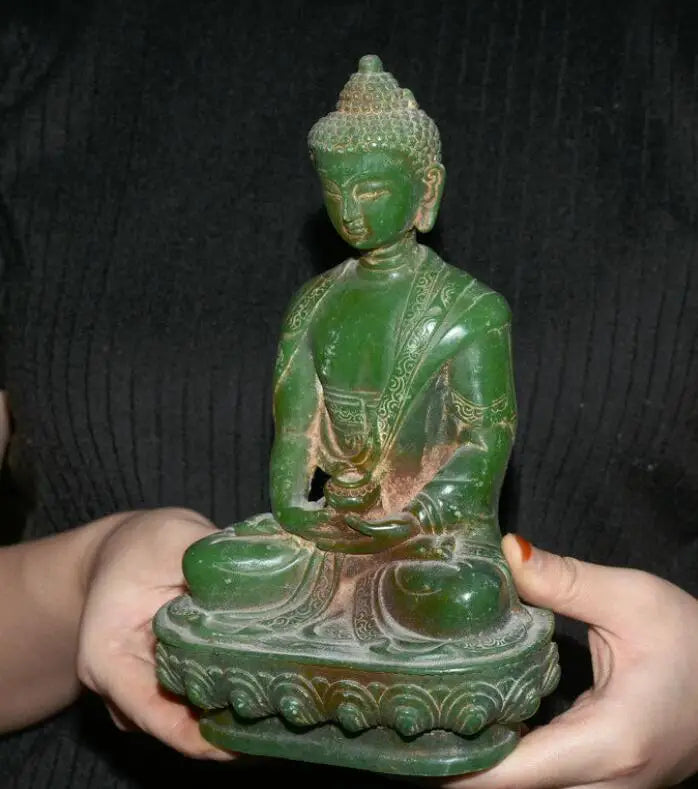 8.8" Old Natural Green Jade Carved Tibet Shakyamuni Amitabha Buddha Lotus Statue