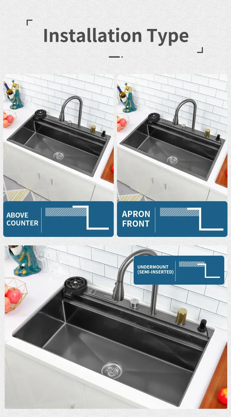 Waterfall Kitchen Sink Nano 304 Stainless Steel Large Single Slot Above Mount Apron Front Waterfall Faucet Vegetable Basin