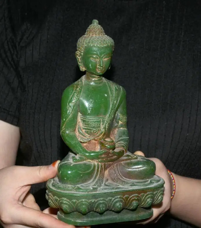 8.8" Old Natural Green Jade Carved Tibet Shakyamuni Amitabha Buddha Lotus Statue