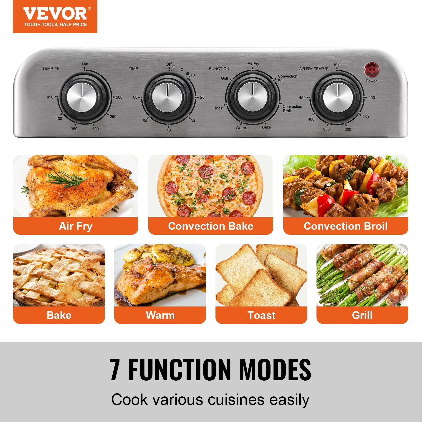 VEVOR 18L 1700W Air Fryer Toaster Oven Stainless Steel Toaster Ovens Countertop Combo with Grill Home and Commercial Use