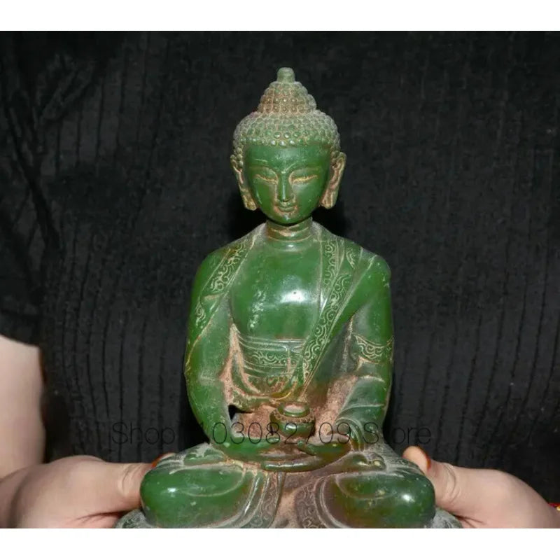 8.8" Old Natural Green Jade Carved Tibet Shakyamuni Amitabha Buddha Lotus Statue