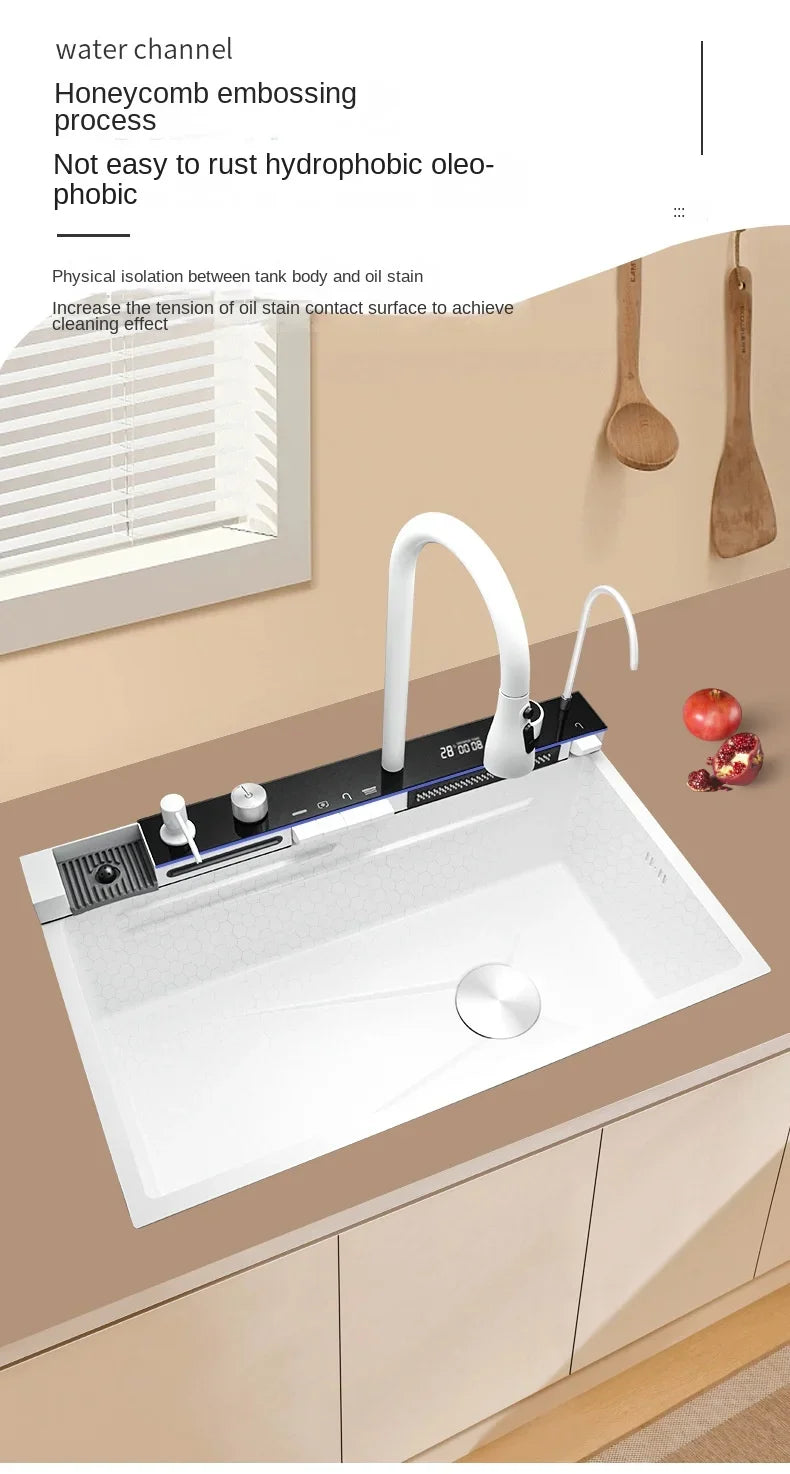 White Nano Multifunctional Kitchen Sink 304 Stainless Steel Large Single Sink Integrated Kitchen Digital Waterfall Faucet