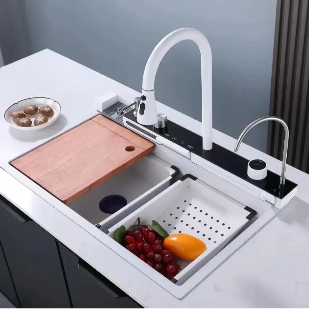 White Nano Multifunctional Kitchen Sink 304 Stainless Steel Large Single Sink Integrated Kitchen Digital Waterfall Faucet