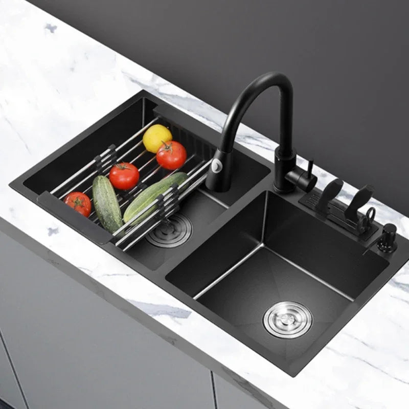 Large Black Washing Basin 304 Stainless Steel Kitchen Sink with Knife Holder Vegetable Double Bowel  With Faucet Thickened