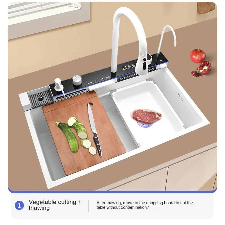 White Nano Multifunctional Kitchen Sink 304 Stainless Steel Large Single Sink Integrated Kitchen Digital Waterfall Faucet