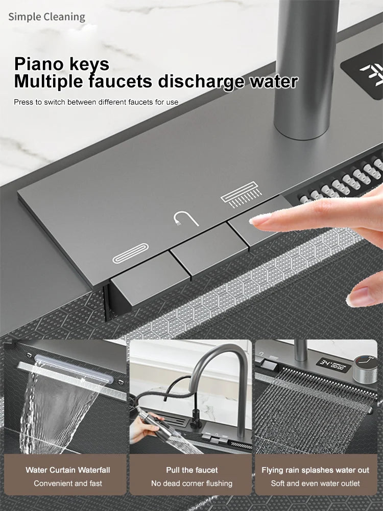 Waterfall Kitchen Sink Digital Display Single Bowl Kitchen Sinks Multifunctional Mordern Smart Sinks with Two Waterfall