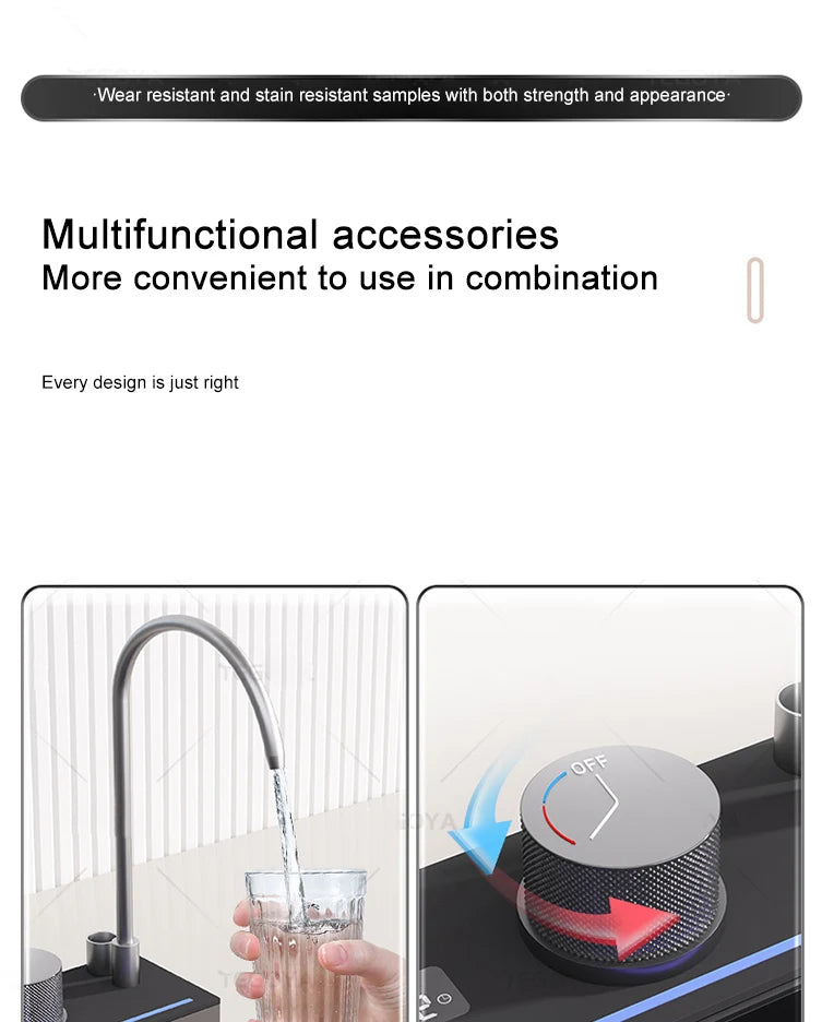 Waterfall Kitchen Sink  Single-Slot with intelligent Mobile phone holder Stainless Steel Pull-Out Faucet,Smart Honeycomb embosse