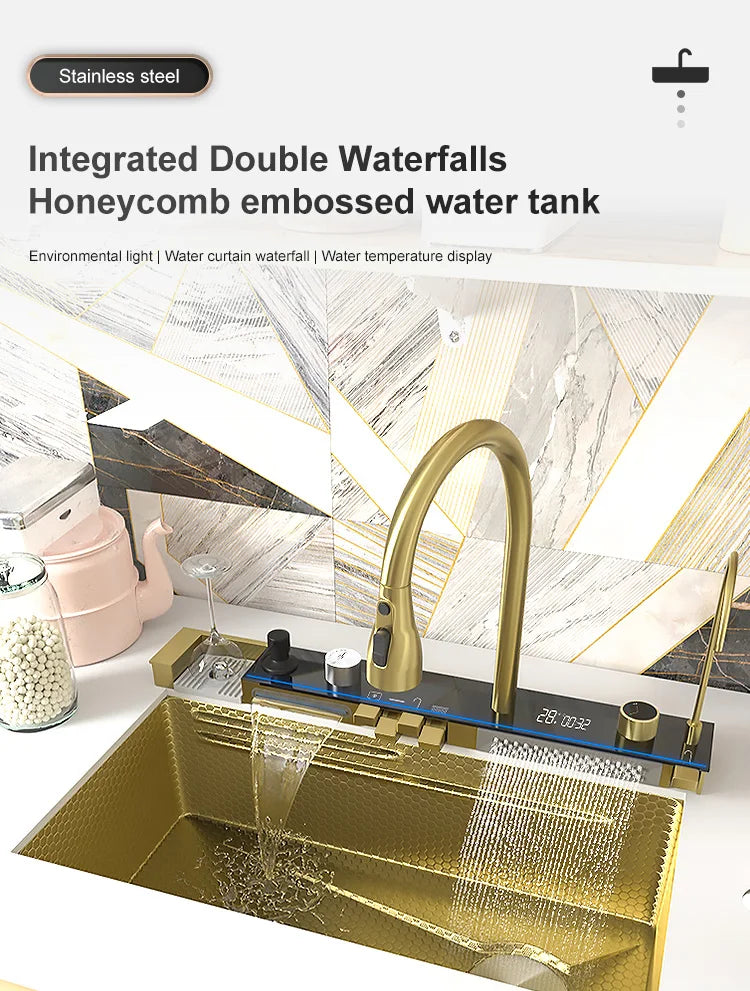 Golden Double Waterfall Sink Stainless Steel Kitchen Sink Embossed Large Single Slot Wash Basin Washing Pond For Kitchen