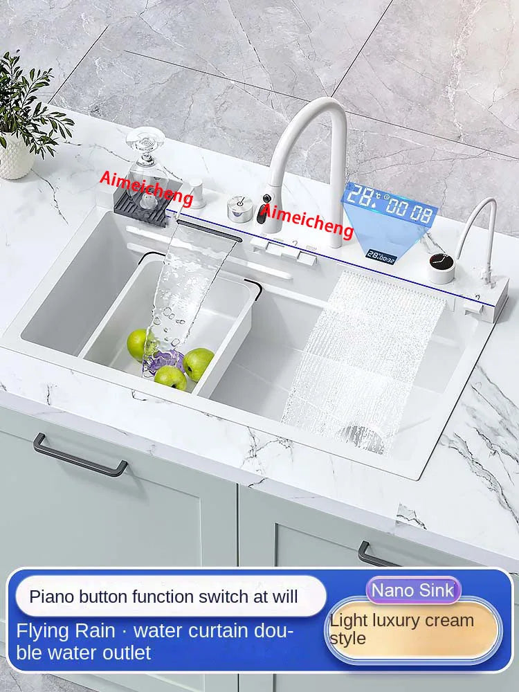 White flying rain waterfall sink integrated multi-functional large single slot 304 stainless steel vegetable washing sink