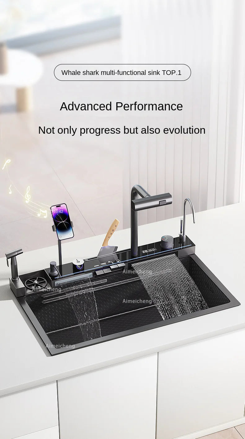 Newest Stainless Steel Kitchen Sink Embossed Large Single Slot With Waterfall Faucet Multifunctional Washbasin Above Counter