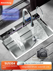 Silver 5.0MM Nano 304 Stainless Steel Digital Display Waterfall Sink Multifunctional Vegetable Washing Pool Integrated faucet