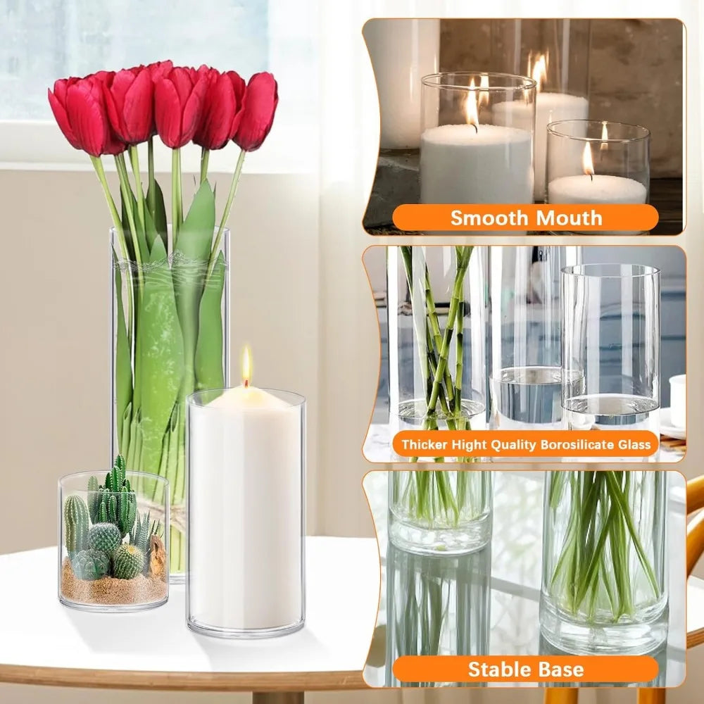 Glass Cylinder Vase for Table Centerpiece, Tall Clear Flower Vase, Hurricane Floating Candle Holder, 4,6,8,10 Inch, 48 Pack