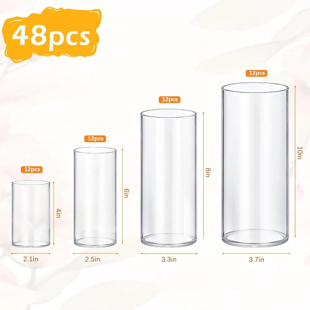 Glass Cylinder Vase for Table Centerpiece, Tall Clear Flower Vase, Hurricane Floating Candle Holder, 4,6,8,10 Inch, 48 Pack