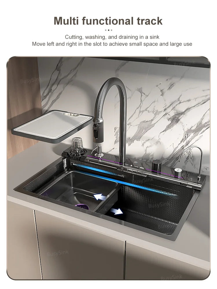 New Stainless Steel Kitchen Sink Digital Display Waterfall Sink Embossed Large Single Slot Apartment Multifunctional Wash Basin