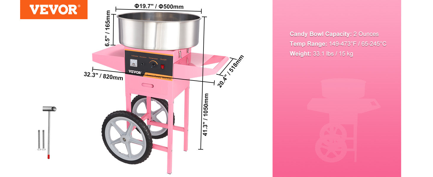 VEVOR Electric Cotton Candy Machine with Cart 1000W Commercial Floss Maker with Stainless Steel Bowl Sugar Scoop and Drawer