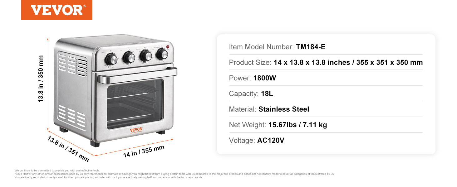 VEVOR 18L 1700W Air Fryer Toaster Oven Stainless Steel Toaster Ovens Countertop Combo with Grill Home and Commercial Use