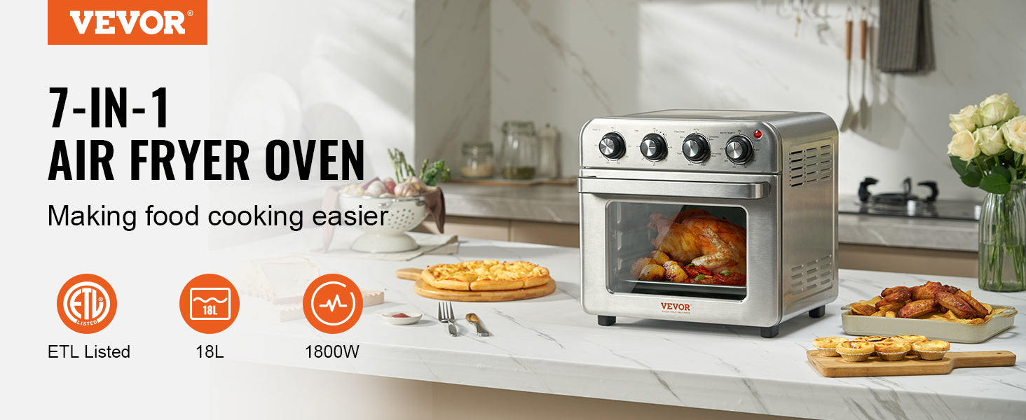 VEVOR 18L 1700W Air Fryer Toaster Oven Stainless Steel Toaster Ovens Countertop Combo with Grill Home and Commercial Use