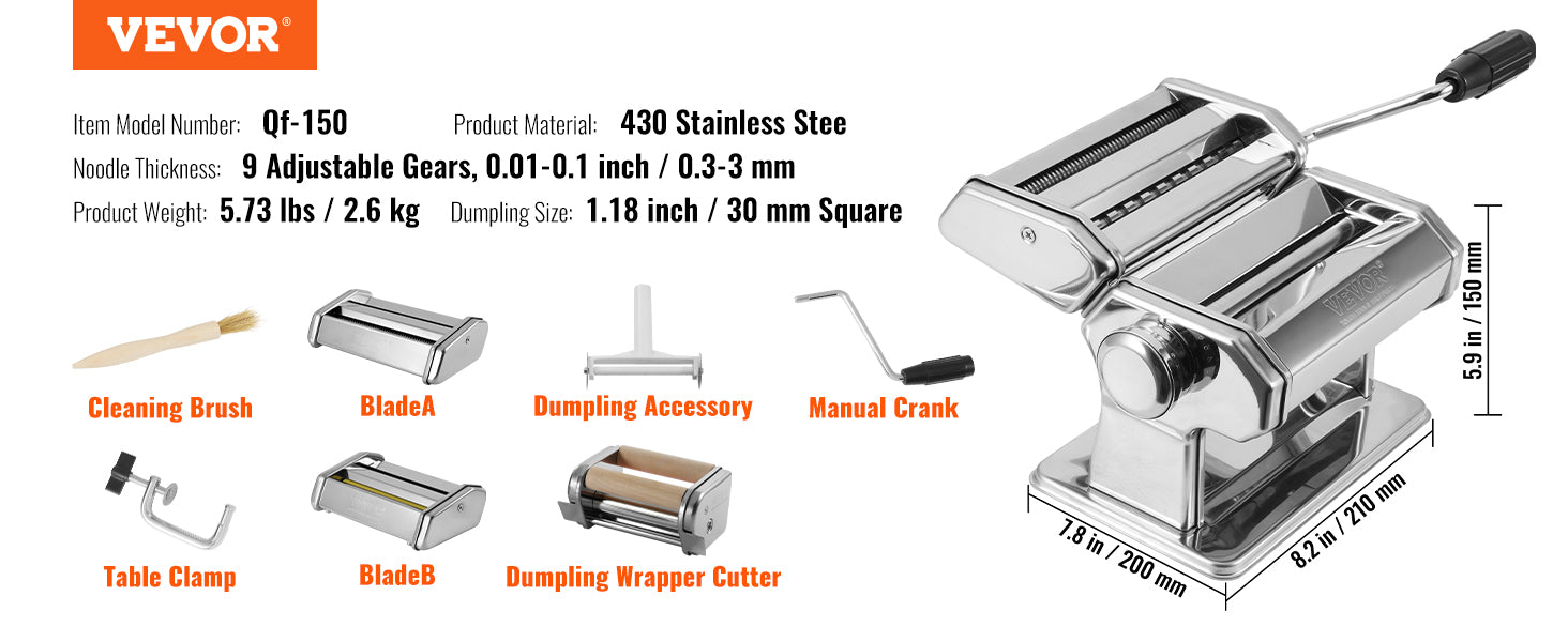 VEVOR Pasta Maker Machine, 9 Adjustable Thickness Settings Noodles Maker,Stainless Steel Rollers and Cutter, Manual Hand Press