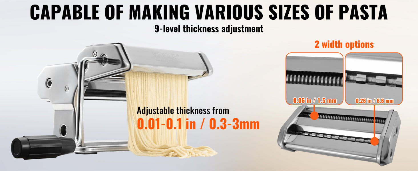 VEVOR Pasta Maker Machine, 9 Adjustable Thickness Settings Noodles Maker,Stainless Steel Rollers and Cutter, Manual Hand Press